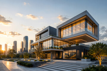 Obraz premium Modern architectural masterpiece featuring innovative design, glass facades, and contemporary urban aesthetics. Ideal for real estate, construction, architecture, engineering, and property development