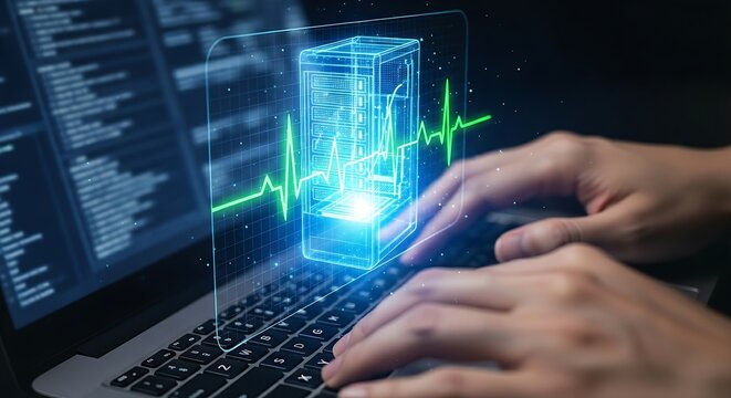 Laptop with holographic heartbeat over server tower for it health monitoring.