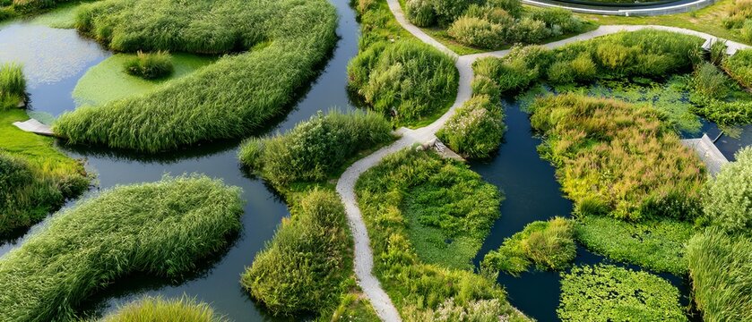 Scenic view of winding water channels and green patches in a natural landscape during daytime