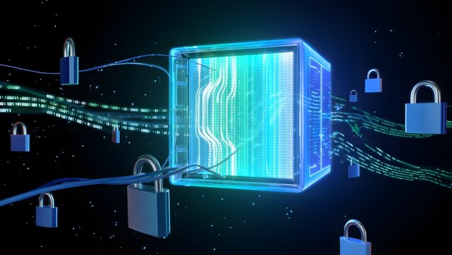 Futuristic data security cube with padlocks and binary code