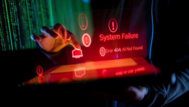 Futuristic Hologram Showing System Failure and AI Not Found Error