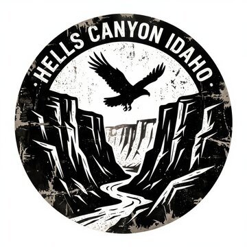 Dramatic Eagle Silhouette Over Canyon Landscape in Circular Vintage Badge Style