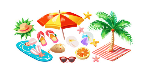 Obraz premium Tropical beach vacation essentials and summer elements, vector