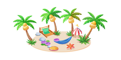 Fototapeta premium Tropical island beach resort with palm trees and boat, vector