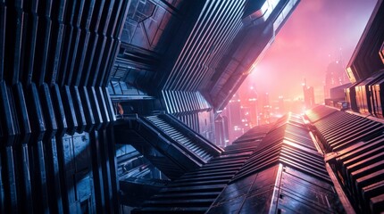 Fototapeta premium Futuristic Cityscape: A neon-lit metropolis bathed in the glow of twilight, showcasing towering skyscrapers and intricate architecture.