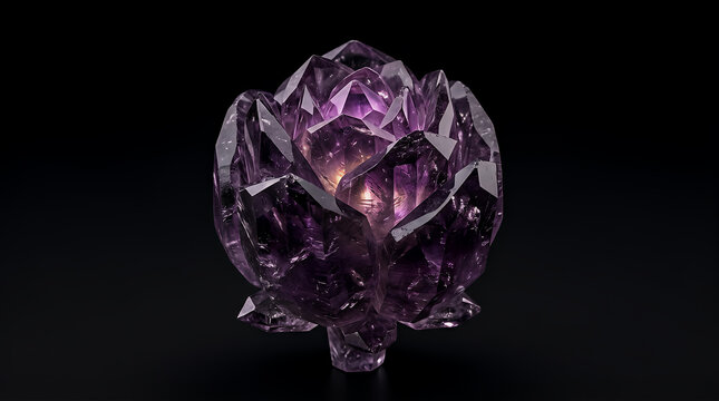 Amethyst crystal carved into the shape of a blooming rose sits isolated on a dark surface, showcasing deep purple facets that catch the light to create an elegant and luxurious decorative object.