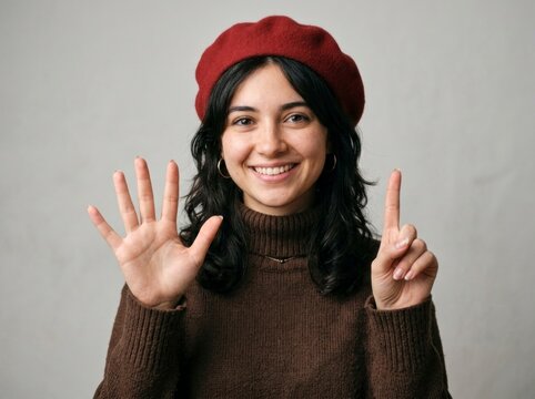 Young woman showing six fingers on gray background in sharp focus studio portrait for educational and commercial marketing