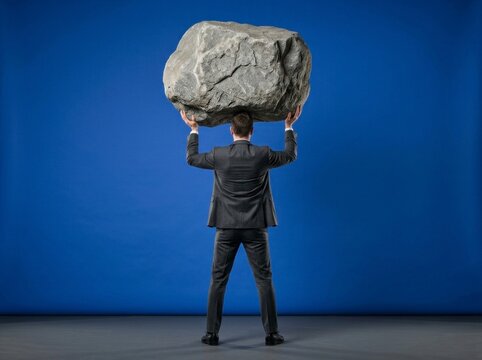 Corporate executive hoisting massive rock over head on blue backdrop with sharp focus for business challenge marketing