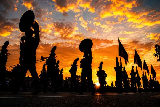 Marching band in silhouette during sunset with vibrant sky background