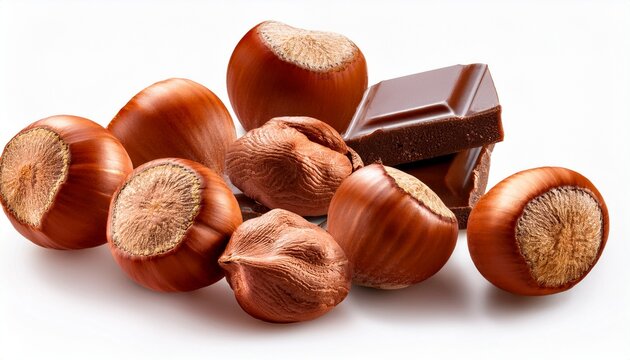 Healthy Filbert Hazelnuts A Natural And Organic Snack Grouped With Chocolate Are Isolated On A White Background