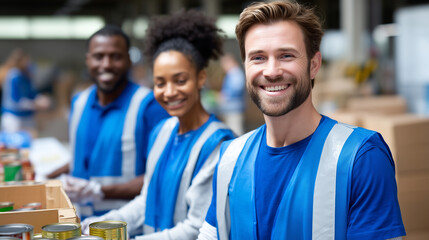 Fototapeta premium Volunteers distributing food donations at community aid center, smiling humanitarian workers in blue shirts and safety vest, realistic charity service scene, warm natural light, sh