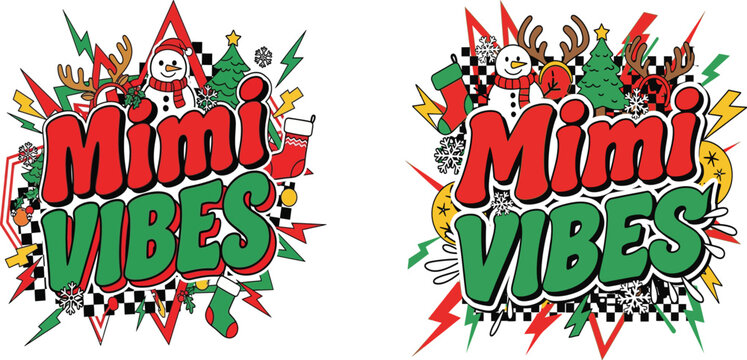 Merry christmas mimi vibes festive holiday graphic design with christmas tree christmas stocking celebration colorful illustration elements snowflake greeting creative lettering typography