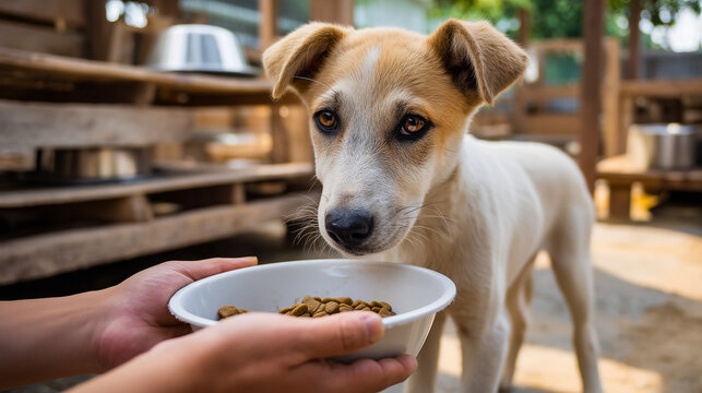 Volunteer feeding rescue dog at animal shelter, realistic animal care scene with bowl of dry food, wooden kennels, natural daylight, sharp dog eyes, compassion, pet adoption, anima
