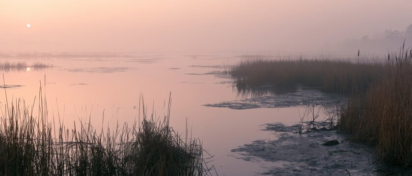 Fog settles over the marsh as the sun rises, creating a quiet scene of water and grass in the early morning light