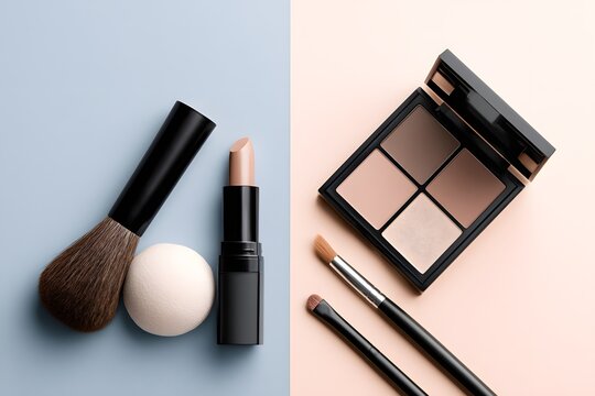 Minimalist flatlay of makeup cosmetics on a duo-tone split background. Professional eyeshadow palette, nude lipstick, and powder compact layout. Luxury beauty product set.