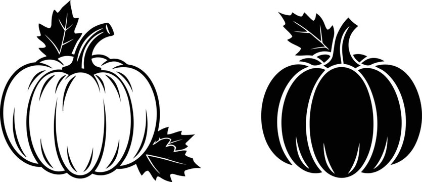 Black and white pumpkin illustrations with leafy stems