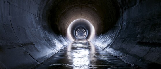 Fototapeta premium Dark tunnel with light at the end seen from the entrance in a city sewer system during early morning hours