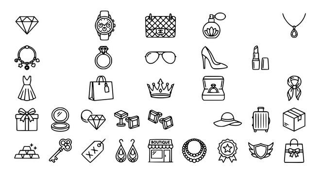 Minimalist Luxury Goods Line Icons Pack Featuring Fashion Accessories Jewelry and Premium Lifestyle Elements