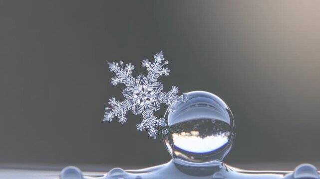 Intricate snowflake melting on reflective water droplet, showcasing beautiful winter landscape in its reflection, creating a mesmerizing scene of transition and natural beauty.