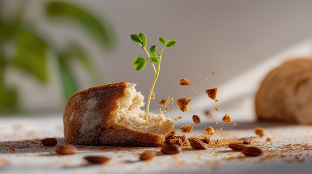 Green sprout emerging from stale bread in soft morning light, symbolizing renewal, resilience, and hope within broken systems.