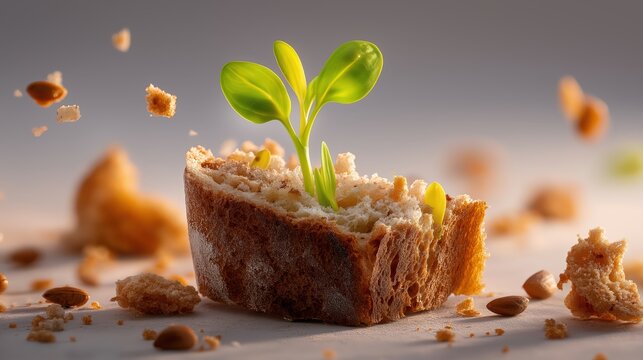 Green sprout emerging from stale bread in soft morning light, symbolizing renewal, resilience, and hope within broken systems.
