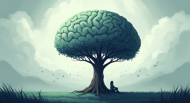 Person sitting under large tree with brain shaped leaves in green landscape with clouds transparent background