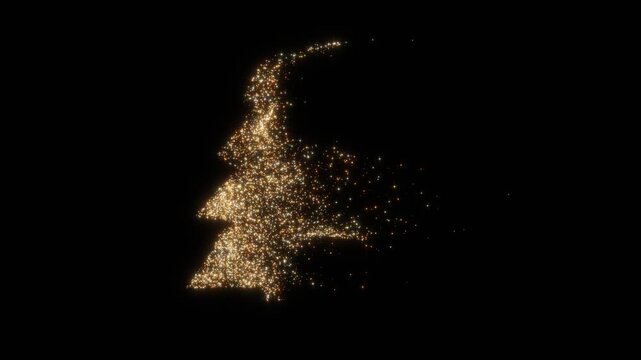 Golden particle animation of Christmas fir tree silhouette. Magical sparkling winter holiday element. Beautiful concept for minimal festive presentation.