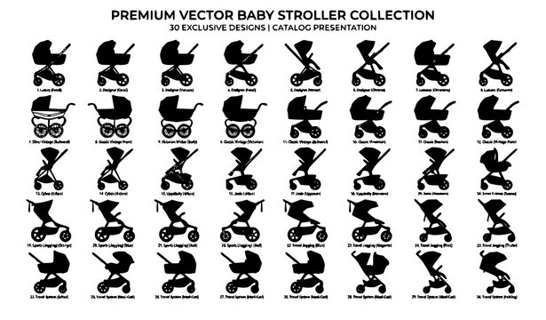 Assorted Baby Stroller Vector Set with Luxury Twin Travel and Modern Pram Designs