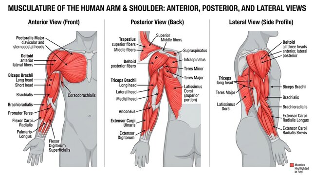 Detailed Anatomical Illustration of Human Arm Muscles and Shoulder.