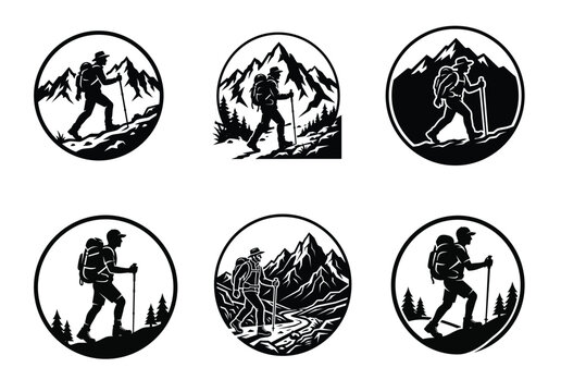 Hiking and trekking silhouette icons with mountain landscapes