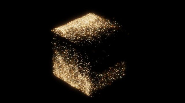 Abstract glowing golden particle animation revealing a 3D geometric cube shape on black background. Perfect element for modern tech or luxury festive design.
