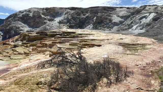 Mineral deposits running hot spring water with steam rising

