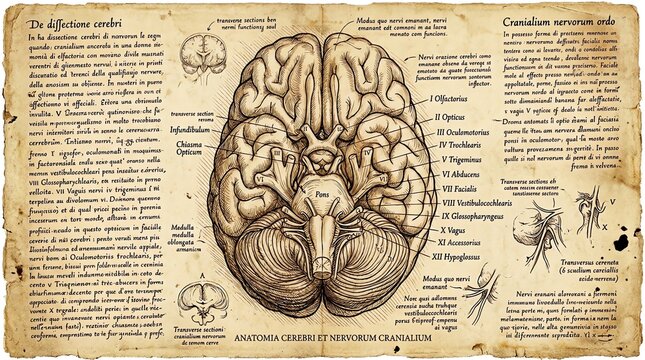 Detailed Anatomical Illustration of the Human Brain with Labels and Diagrams.