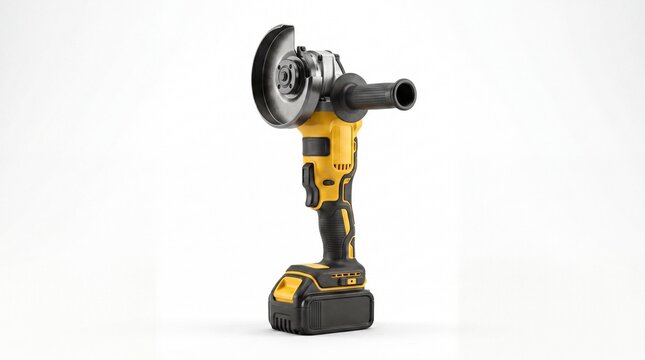 Yellow cordless angle grinder power tool standing vertically on a white background. Studio shot of battery-powered portable grinding and cutting machine, side view with copy space.