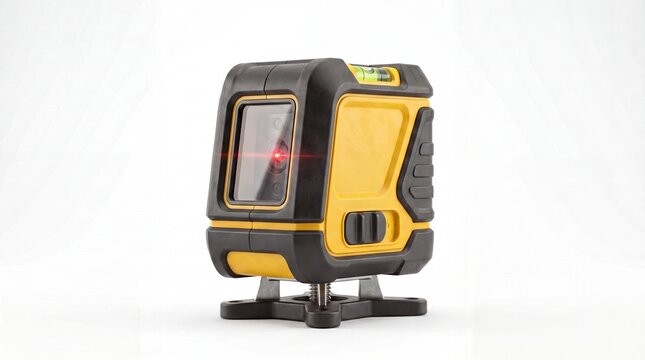 Yellow and black self-leveling cross line laser level tool with a red laser beam, standing on a white background. 