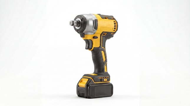 Yellow cordless impact wrench power tool standing vertically on a white background. Studio shot of battery-powered portable impact driver machine, side view with copy space.