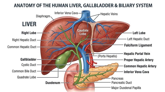 Detailed Anatomy of Human Liver Gallbladder and Biliary System.
