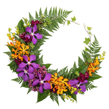 Crescent floral wreath made of purple vanda orchids, orange mokara orchids, ferns and ivy isolated on transparent background