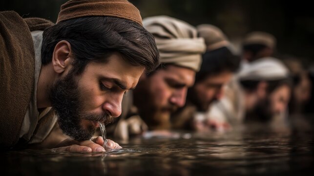 Gideon&rsquo;s chosen warriors gather at the river as their manner of drinking reveals readiness, vigilance, and the qualities needed for the mission God has set before them.
