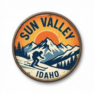 Skier on Mountain Landscape Patch with Sun Valley Idaho Retro Vintage Style
