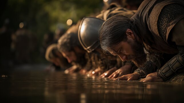 Gideon Observes His Warriors at the River as Some Kneel to Drink Directly from the Water While Others Remain Alert Along the Riverbank