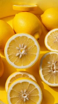 Vibrant lemons and sliced citrus arranged behind torn yellow paper in a triptych closeup. fresh summer fruit still life.