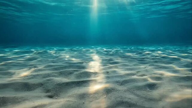Sunbeams shining through blue ocean water onto a sandy sea floor with rippled patterns
