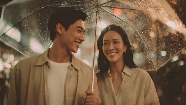 Cheerful young Asian couple smiling and sharing a romantic moment while walking under a transparent umbrella on a rainy city street at night.