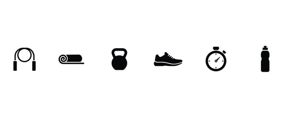 Fitness Essentials: Collection of essential fitness equipment. exercise gear, sports equipment, training tools, workout set, athletic accessories. © Vector By Priojith