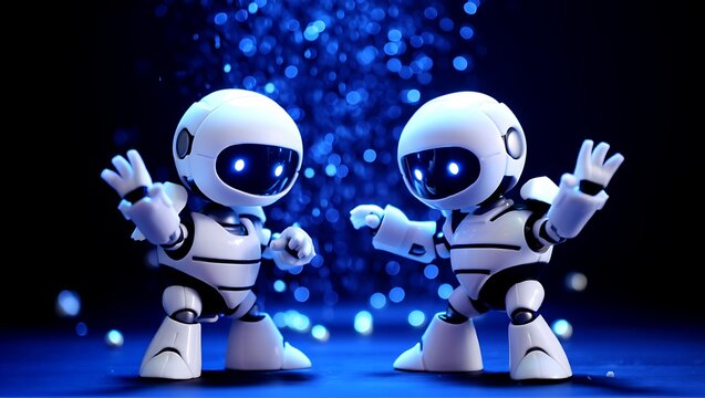 Two white robots with blue lights dancing on blue floor with bokeh effect background