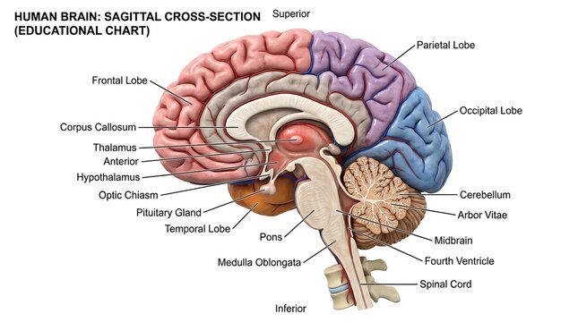 Detailed Human Brain Anatomy Cross-Section Educational Chart.