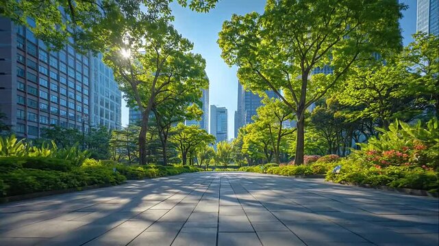 Sunlit paved walkway through lush green urban park surrounded by modern glass skyscrapers on a clear summer day