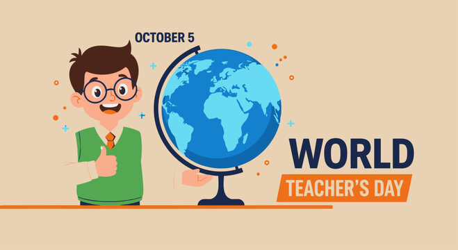 Happy Teacher's Day World Teacher's Day vector banner featuring young student in glasses pointing at globe on soft beige background