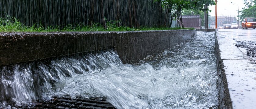 Heavy rain causes water to flow along a street gutter during a rainy day in a busy urban area